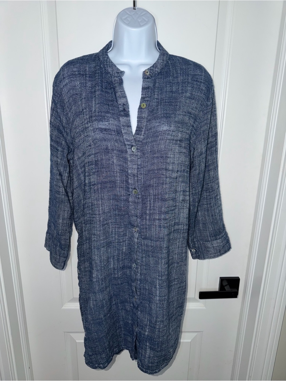 Anthropologie Line & Dot 100% Linen Blue Shirt Dress Open Back Choker Neck L